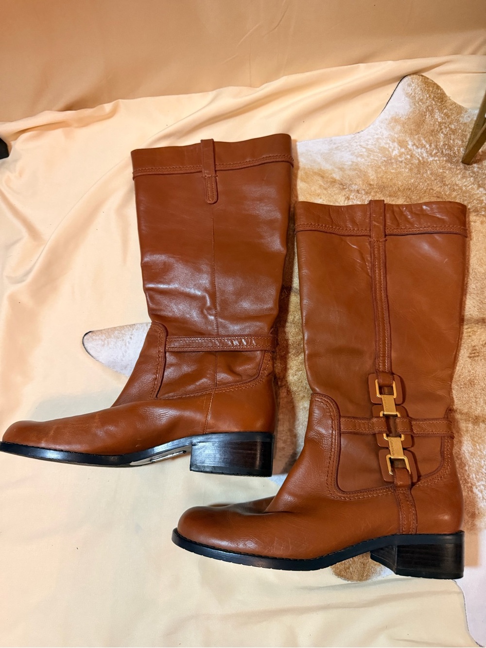 Calvin Klein Cognac Leather Mid-Calf Riding Boots with Buckle Accents